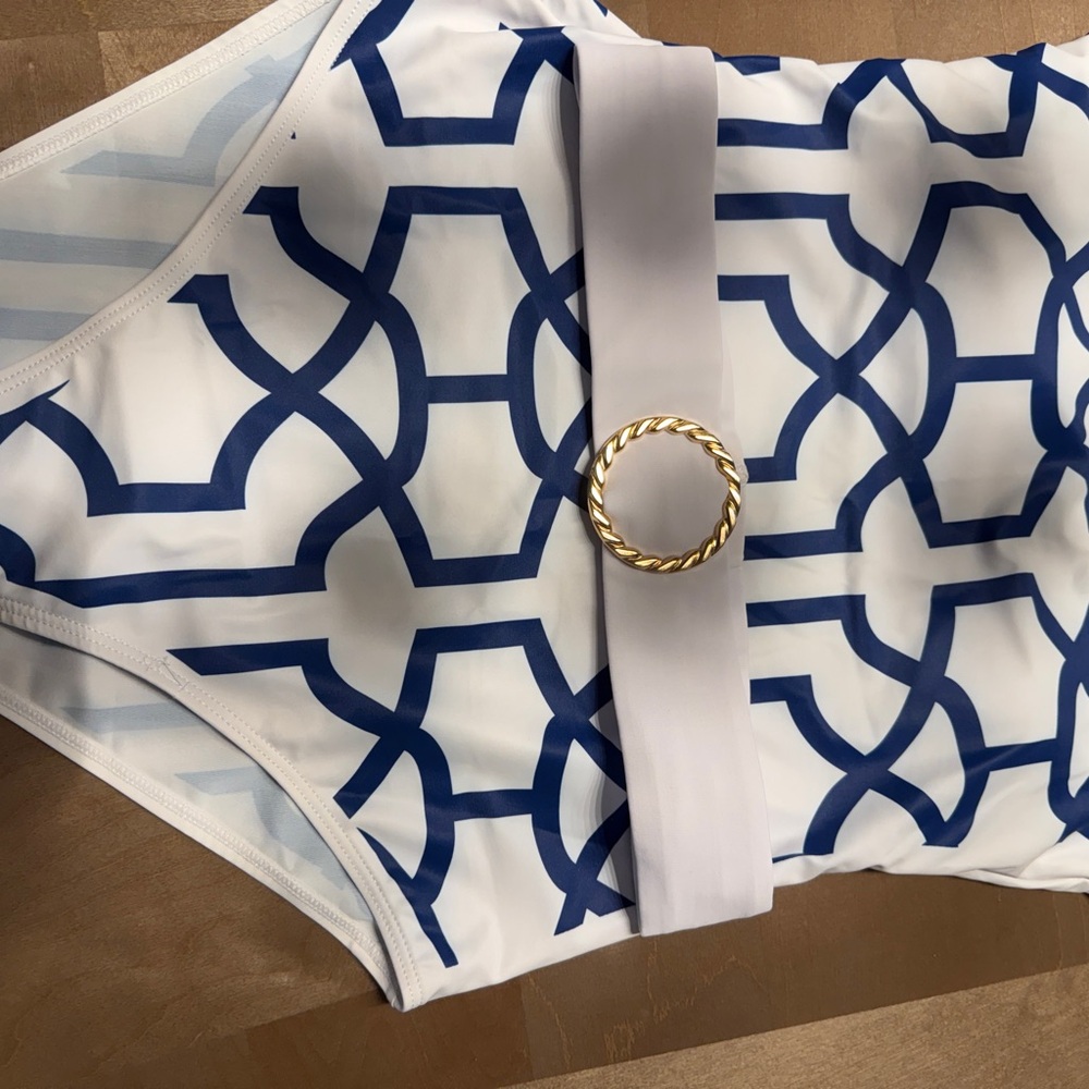 Blue and White Patterned Swimsuit with Gold Accent